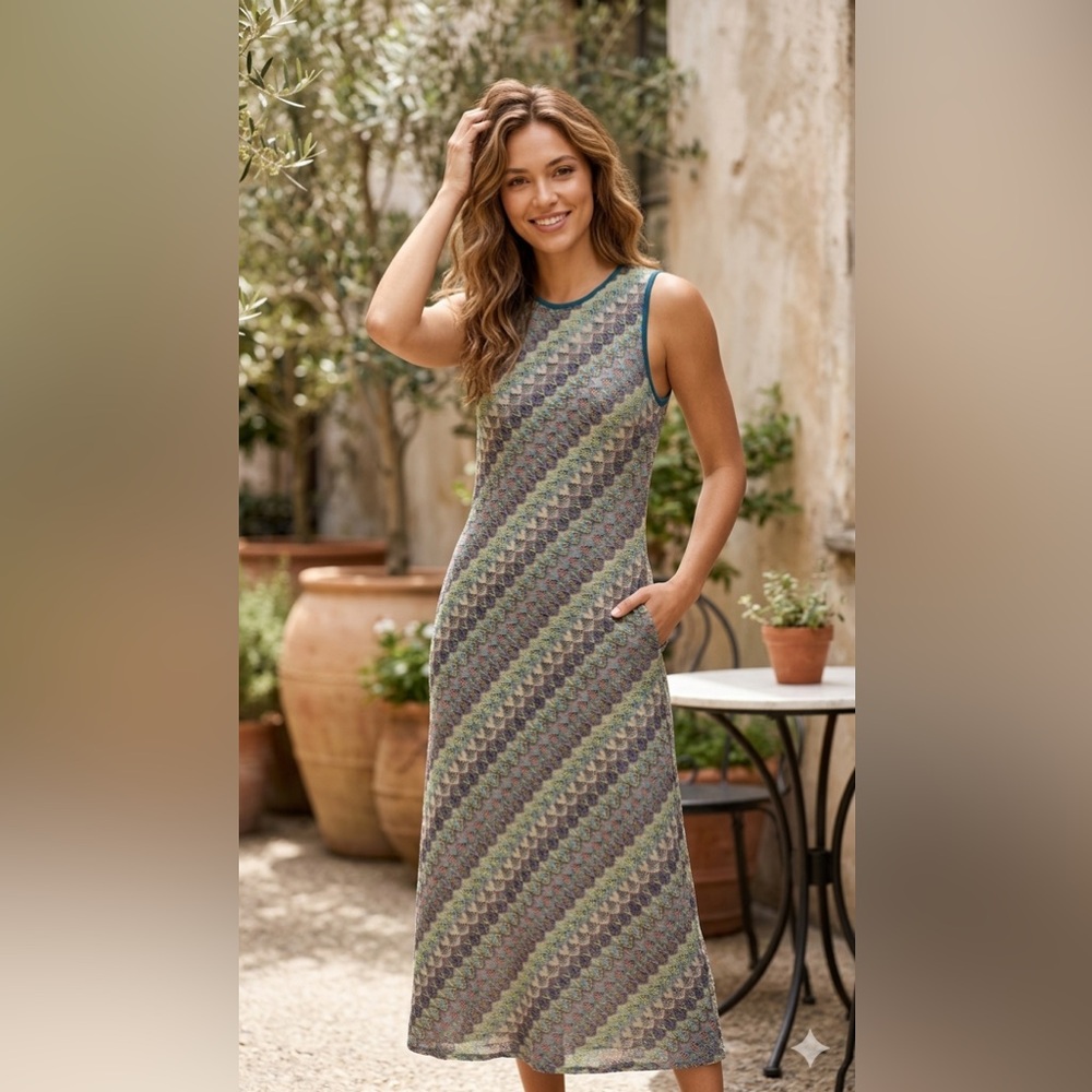Donna Morgan Green Multi Sleeveless Knit Midi Dress